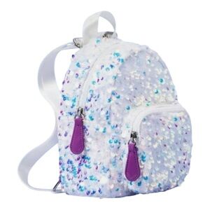 Kids Backpack with Sparkly Sequin- White and Purple. More Than Magic, Size Small